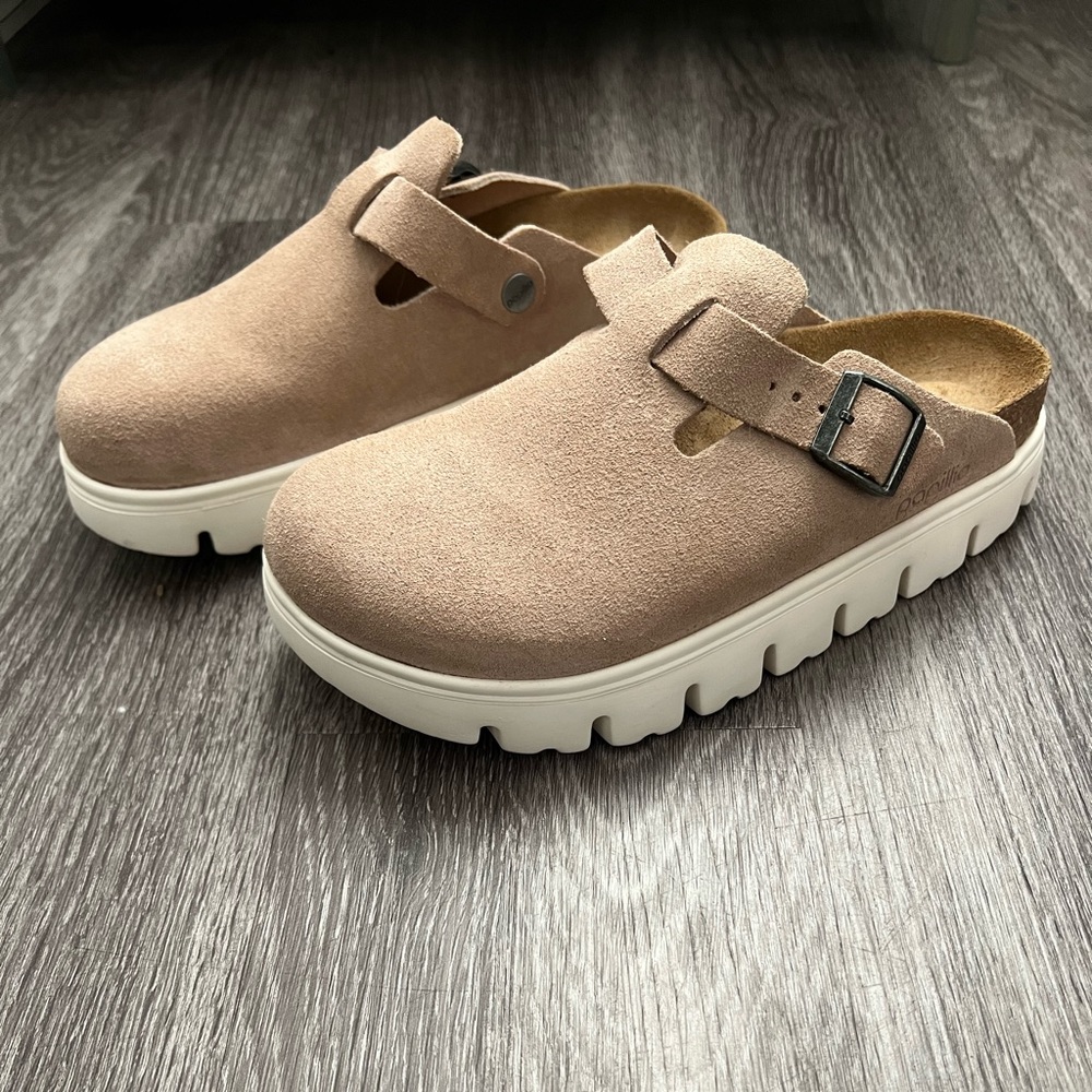 Birkenstock Tan Suede Mules with White Soles Size 38